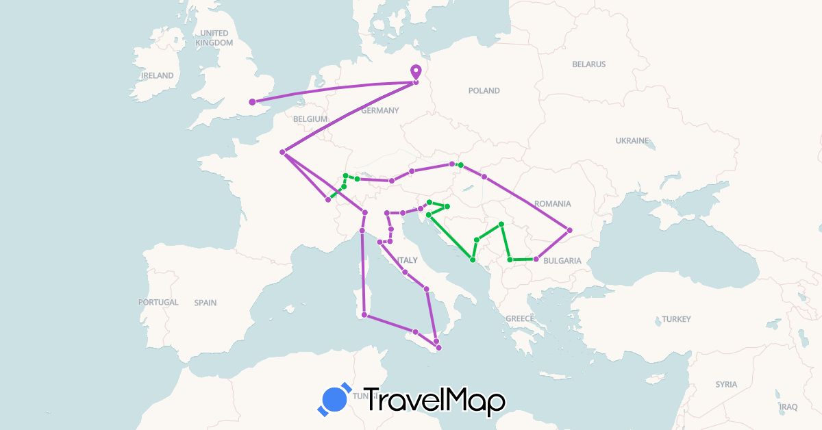 TravelMap itinerary: driving, bus, train in Austria, Bosnia and Herzegovina, Bulgaria, Switzerland, Germany, France, United Kingdom, Croatia, Hungary, Italy, Romania, Serbia, Slovenia, Slovakia (Europe)